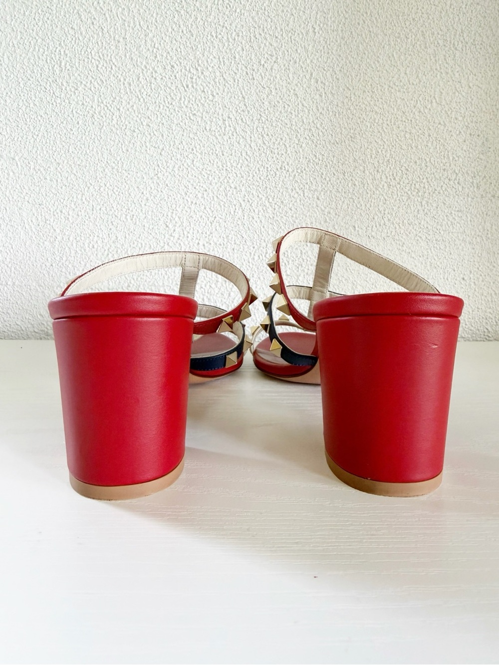 Valentino Garavani Rockstud Red White Blue Leather Sandals Block Heels EU 39 - Picture 9 of 12